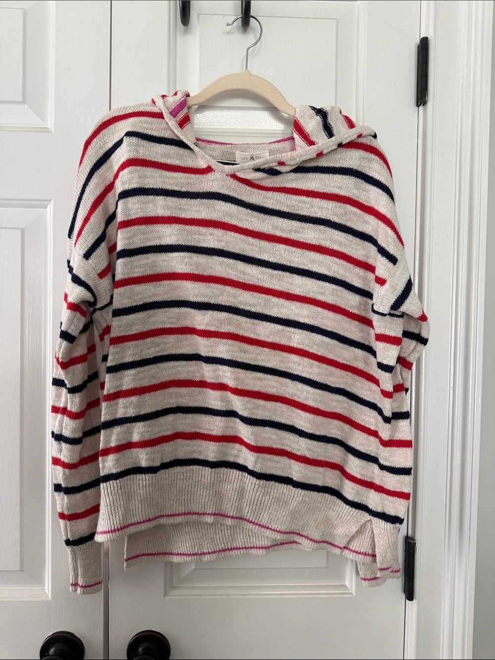 Striped Hooded Pullover Sweater in Cream, Red, navy and pink